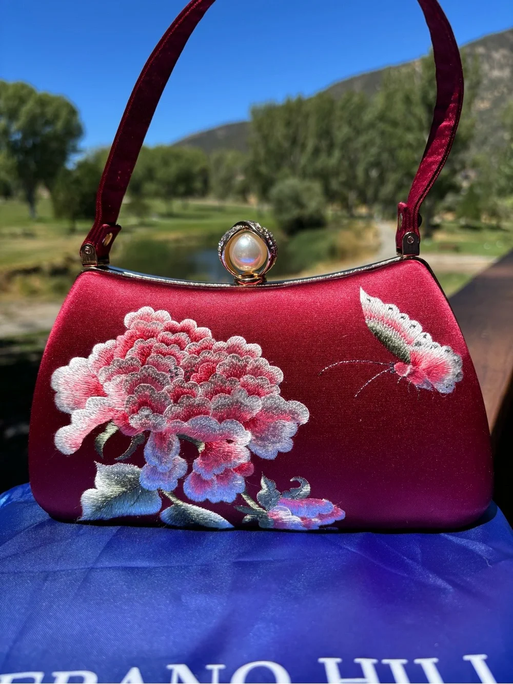 Verano Hill Red Satin Floral Top-Handle Evening Bag & Crossbody chain